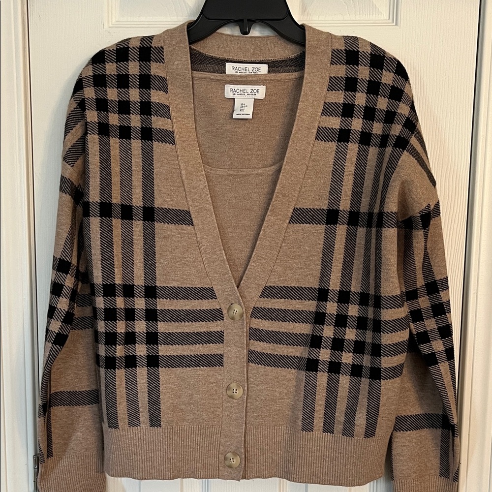 Rachel Zoe Women's Tan and Black Checkered Cardigan